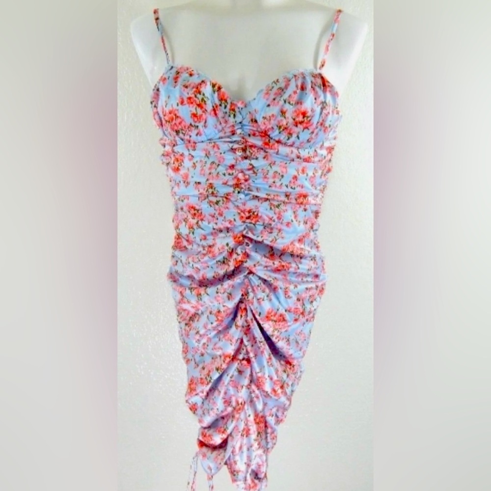 NWT O. Vianca  Blue And Pink Satin Ruched Bodycon Midi Dress SML